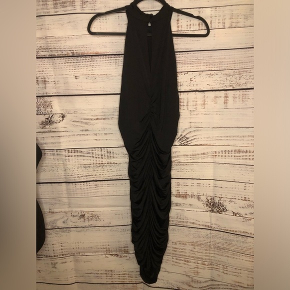 Mock neck Ruched Black Mini Dress - Picture 8 of 16